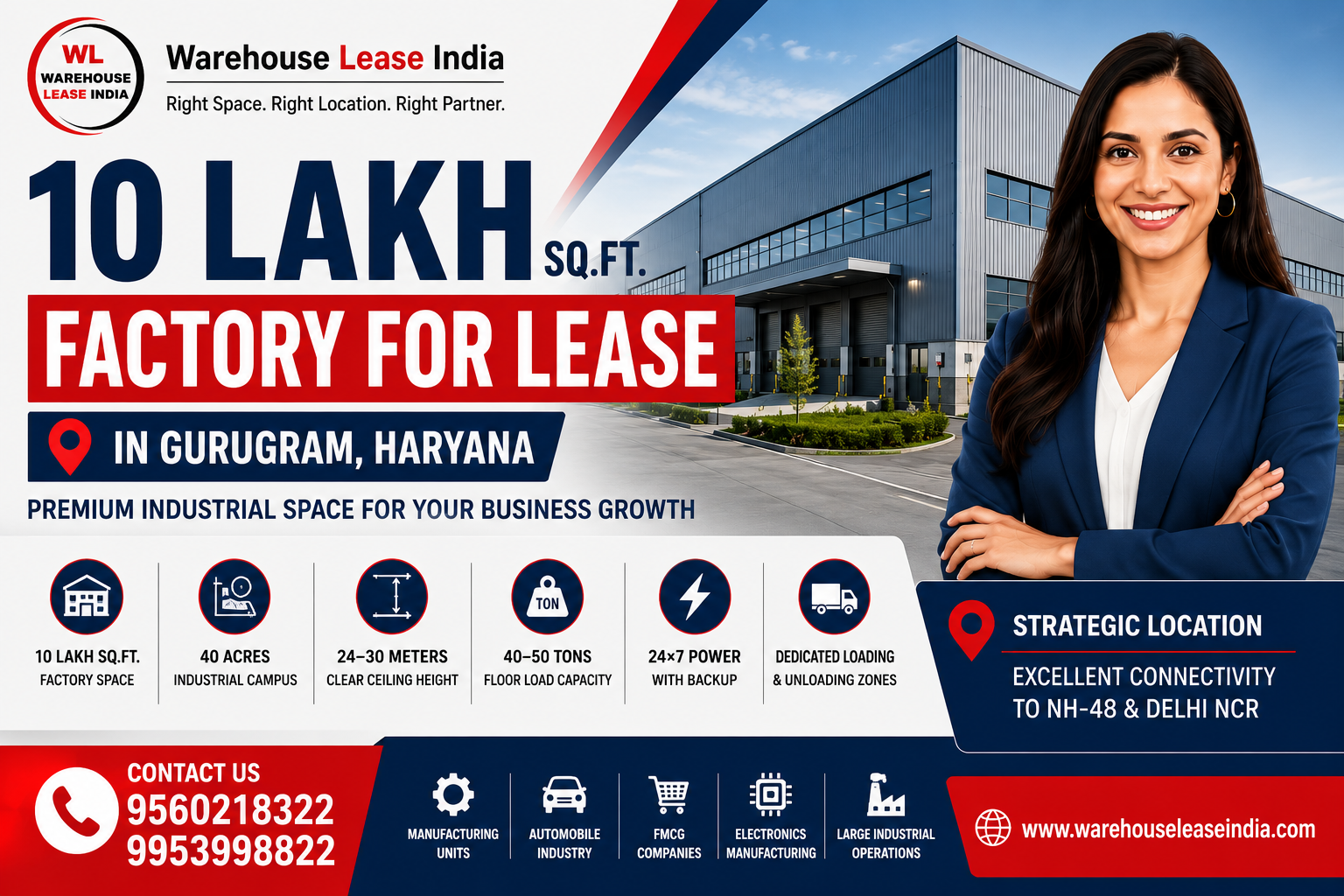 10 Lakh Sq.Ft. Factory for Lease in Gurugram with PEB & RCC construction and 40-acre industrial campus